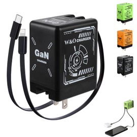 2 in 1 GaN Charger,Portable Charger, Retractable Wall Plug with Lightening and Type-C Cables,for iPhone16/15/14/13/12/11 Series, Galaxy S25/24,Android and More Battery Charging (Black)