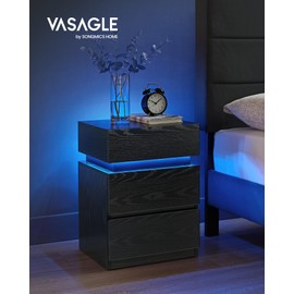 VASAGLE Nightstand with LED Lights, Adjustable Light Colors, Bedside Table, Side Table with 3 Drawers, Modern Style, 13.8 x 15.7 x 21.7 Inches, Ebony Black ULET630T58