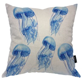 Beabes 18x18 Inch Cushion Case Decor Blue Jellyfish, Watercolor Ocean Marine Fishes Sea Life Jellyfish Farmhouse Throw Pillow Cover Home Pillowcase Decorations for Sofa Couch Office Car