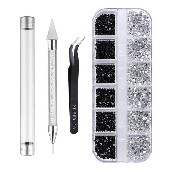 Kungfu Mall AB Nail Crystals Clear Rhinestones Black and White and Art Rhinestones with Pick Up Tweezers and Rhinestone Picker Dotting Pen, Nail Art Tools for Crafts Nail and Face