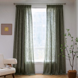 MYSKY HOME Curtains Living Room Curtains with Ruffle Tape, Short Modern Tab-Top Curtain, Linen Look, Children's Room Curtain, Semi-Transparent Natural Style, Set of 2, H 160 x W 140 cm, Green
