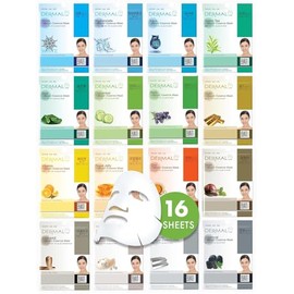 DERMAL Korea - Surtido de 16 Mascarillas faciales. Mascaras Coreanas en tela hidratante con Colágeno y Vitamina E - 16 PACK