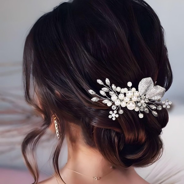 Yean Leaf Bridal Wedding Hair Comb Silver Pearl Bridal Hair