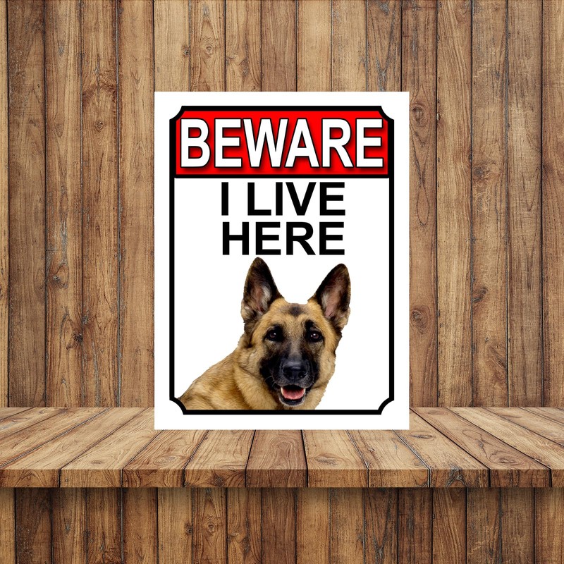 BEWARE I LIVE HERE METAL GATE SIGN GERMAN SHEPHERD 200MM