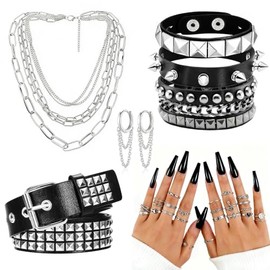 Juego de 31 piezas de disfraz punk para mujer, disfraz gótico Emo Y2k Rock ajustable para fiesta, Halloween, juego de accesorios de punk rock