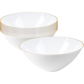 Smarty Had A Party White Organic Round Plastic Soup Bowls With Gold Rim Design (7") - Pack Of 10 - Disposable & Stunning Design, Perfect for Parties, Weddings, Special Events, & Home Use