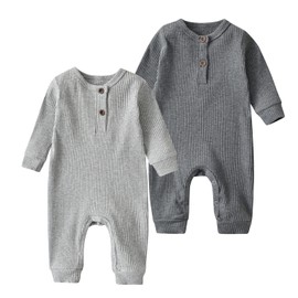 Baby Boy Girl 2 Pack Solid Romper Short/Long Sleeve One Piece Jumpsuits Clothes Sets (Dark Grey & Light Grey, 0-3 Months)
