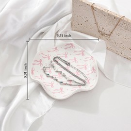 Koythin Ceramic Jewelry Tray, Aesthetic Ring Dish, Small Checkered Trinket Holder, Modern Cool Stuff for Room Decor, Vanity Essentials for Women Dorm Room Bedroom Bathroom （Pink Bow）