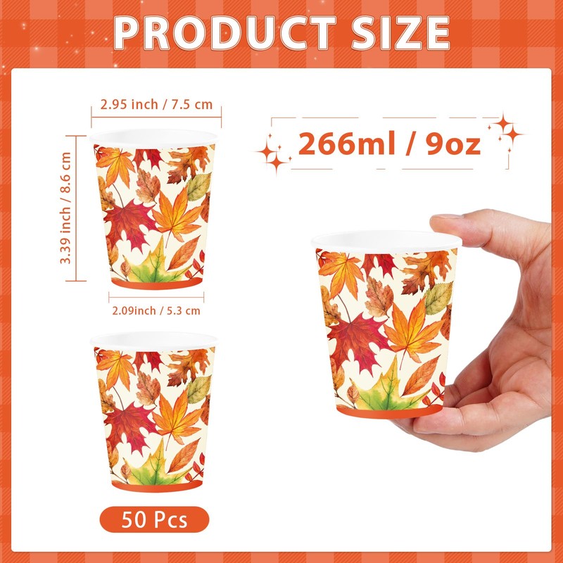 50Pcs 9oz Fall Leaves Coffee Paper Cups for Hot and