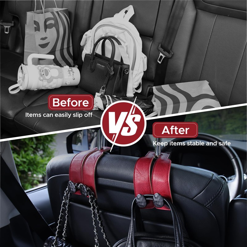 URIZZD 2PCS Leather Car Seat Hooks for Headrest, Vehicle Hanger