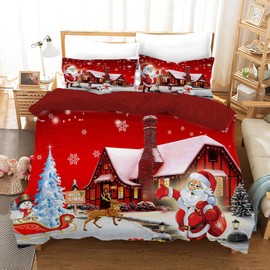 AVJWWD Christmas Bed Linen Set, Christmas Duvet Cover, Santa, Christmas Elk and Christmas Snowflake Pattern, Soft Microfibre with Zip (Christmas House, 135 x 200 cm)