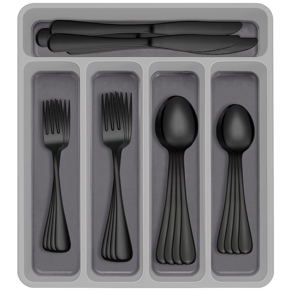 60-Piece Black Silverware Set with Organizer, AIVIKI Stainless Steel Flatware Set for 12, Cutlery Utensil Sets for Home Restaurant, Include Knife Fork Spoon Set, Mirror Polished