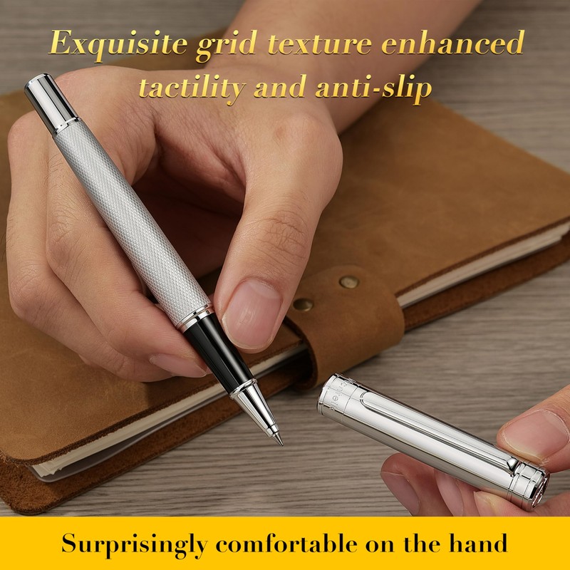 MCNTEIK Silver Rollerball Pen, Stunning Luxury Pen with Mesh Texture