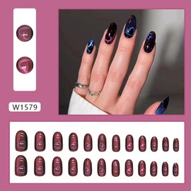 FIEONCIY Press on Almond Nails-24Pcs Glossy Full Cover Acrylic Fake Nails with Designs Artificial Medium Almond False Nails Reusable Pointed Fake Nails Glue on Fingernails for Women Girls(W1579)