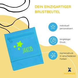 Neck Pouch with Name, Star Motif, Customisable and Printed with Name Print, Children's Purse, Coin Compartment for Children, Boys, Girls with Velcro Fastener for Hanging, lightblue,