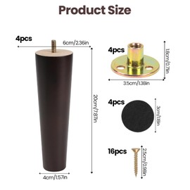 Zythrem Wooden Furniture Legs 20cm/8inch Solid Walnut Wood Sofa Legs Set of 4 Chair Legs Table Legs Replacement Furniture Feet with Mounting Plates Screws Protection Pad for Cabinet Bed TV Stand