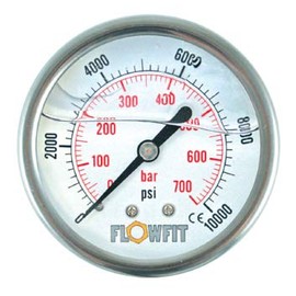 Flowfit Hydraulic Pressure Gauge, Glycerine Filled, 100mm Dial Size, Rated for 0-10000 PSI (690 Bar), 1/2" BSP Rear Entry