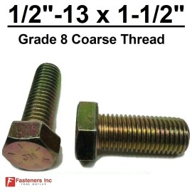 Fasteners Inc. 1/2-13 x 1-1/2" (FT) Hex Bolt Yellow Zinc Plated Grade 8 Cap Screw Coarse Thread - 300