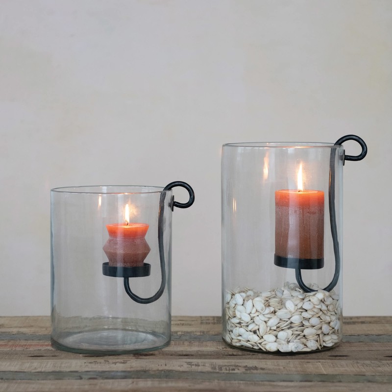 Creative Co-Op Glass Hurricane with Metal Candle Holder, Black, 12.5"