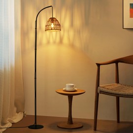 SUNLLOK Arc Floor Lamp for Living Room, Industrial Bamboo Rope Lampshade Standing Lamp with Foot Switch, Modern Black Boho Woven Tall Floor Light Decoration for Kitchen Island, Bedroom, Office