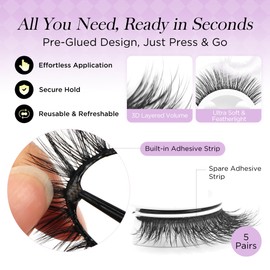 BEYELIAN Self Adhesive Eyelashes Natural Look, Pre Glued Wispy False Lashes No Glue Required, Faux Mink Eyelashes 5 Pairs