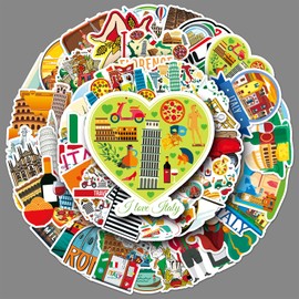 Italy Stickers 50 Pcs Waterproof Cartoon Retro Italy Style Stickers for Laptop Scrapbook Water Bottle Luggage Skateboard Helmet Computer Car Bike,Vinyl Funny Travel Scenery Sticker for Girls Adults
