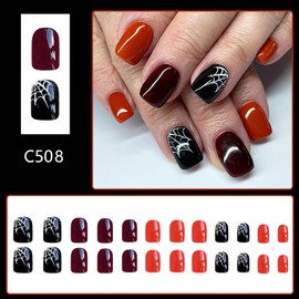 RTKHFZE Hallowee Press on Nails Short Square Fake Nails Ghost Hallowee Designs False Nails Tip Full Cover Glue on Nails Hallowee Short Nails Stick on Nails Decorations for Women Girls 24Pcs