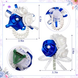 Zeyune 16 Pcs Rose Wrist Corsage and Boutonniere Set Flower Wristlet Corsages Band Bracelet and Bridegroom Men's Boutonniere for Wedding Prom Party Bouquets Accessories Suit Decor(Royal Blue)
