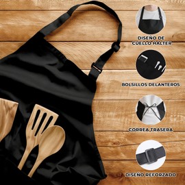 LEKOU 2PCS Delantal De Cocina Impermeable Ajustable, Mandiles De Cocina Unisex Con Bolsillos, Delantal De Poliéster Es Adecuado Para Asar, Cocinar, Hornear, Jardinería y Restaurantes (Negro)
