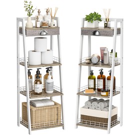 keomaisyto 4-Tier Elegant Ladder Shelf, Bathroom Storage Shelf, Ladder Bookshelf with Drawer, Freestanding Storage Shelves for Bathroom Living Room Study Office, White