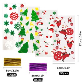 Pack of 200 Christmas Cellophane Bags, Christmas Cello Treat Bags, Goodies Bags, Gift Bags with 200 Pieces Twist Ties for Christmas Party Supplies (C)