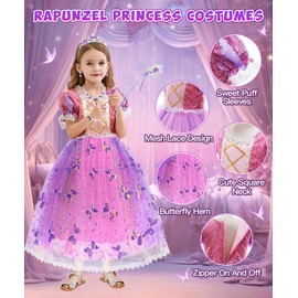 COYBTO Princess Costumes for Girls - Rapunzel & Sleeping Beauty Dress Up with Crown Necklace Set, Long Skirt, Kids Fancy Dress for Party Cosplay (Purple, 130)