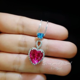 Pink Sapphire Double Heart Necklace - 18kgp @ sterling Silver - Blue Topaz Jewelry - 16" 20" adjustable Chain
