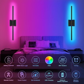 Morauroral RGB Lighting Battery Operated Wall Sconces Set of 2, Dimmable Rechargeable Wall Sconce with Remote Control, 24 Inch Black LED Modern Wireless Wall Lights for Bedroom, Living Room