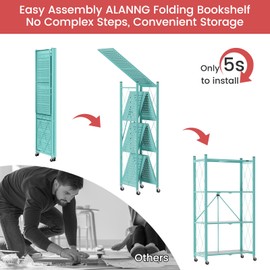 ALANNG 2-Pack Folding Bookshelf on Wheels, Cute Rolling Shelves for Bedroom, Colorful Storage Cart for Kids Rooms, Nursery, No Assembly Metal Book Shelf (4 Tier, Mint Green)