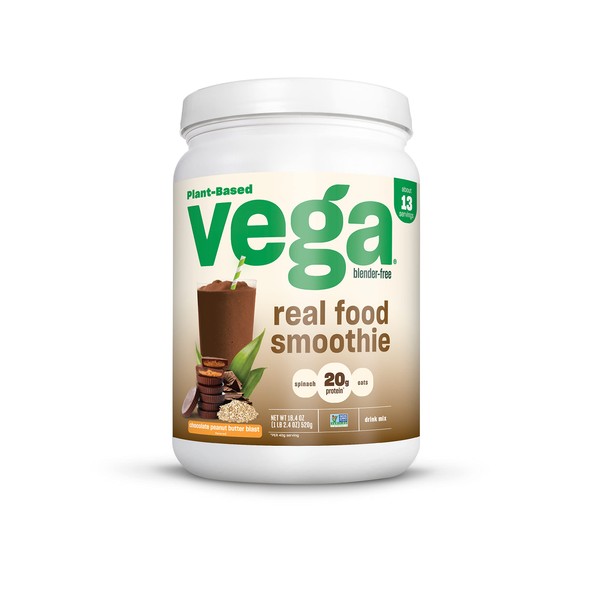 Vega Real Food Smoothie, Chocolate Peanut Butter Blast - Vegan Protein Powder, 20g Plant Based, No Blender Required, Gluten Free, Non GMO, Pea Protein for Women and Men, 1.24 lbs (Packaging May Vary)