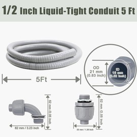 Feotech Liquid-Tight Conduit and Connector Kit - 1/2 Inch 5 FT Non Metallic Liquid Tight Electrical Conduit with 1 Straight and 1 Angle Fittings