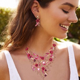 Clearine Wedding Bridal Leaf Cluster Jewellery Set for Women Crystal Flower Enamel Statement Necklace Dangle Earrings Pink Gold-Tone