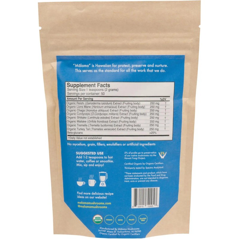 Malama Polvo Extracto 8 Hongos Orgánico 3.5 Oz
