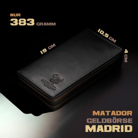 Matador Long Women’s Wallet, Purse Made of Antique Soft Brown Cowhide Leather, Wallet Purse with Double Zip 3628-vintage, Black