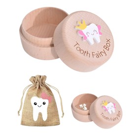 Qianeffort Tooth Fairy Box,2Pcs Set Tooth Box with Tooth Fairy Bag,Carved Wooden Tooth Fairy Pouch,A Beautiful Gift Tooth Keepsake Box for Storing Baby's Dropped Baby Teeth