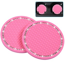 Bling Car Coasters, Wisdompro 2 Pack PVC Car Cup Holder Insert Coaster - Anti Slip Universal Vehicle Interior Accessories Crystal Glitter Cup Mats for Women and Men (2.75" Diameter, Pink)