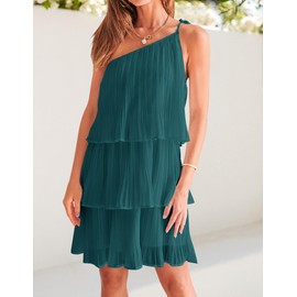 ZESICA Women's 2024 Boho Summer One Shoulder Sleeveless Ruffle Tiered Layered Chiffon Pleated A Line Flowy Mini Dress,Teal,Medium