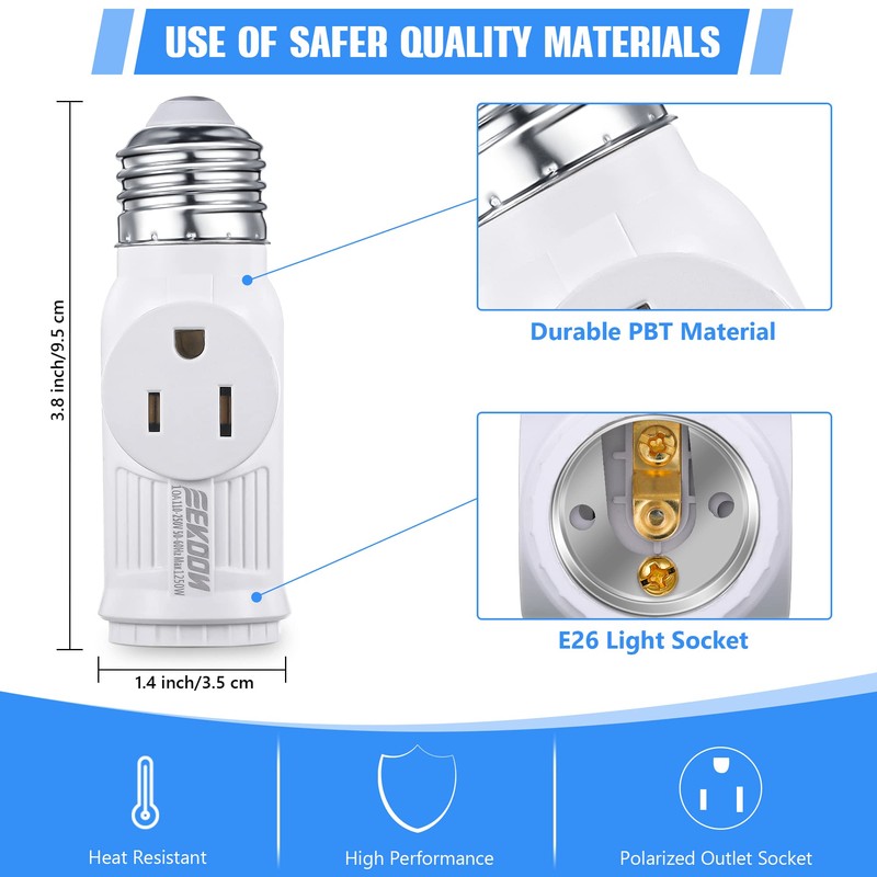 Feekoon 2 Pcs 3 Prong Light Socket Adapter, E26 Light