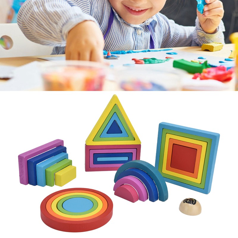 Baby Blocks Stacking Puzzle Set Colorful Wooden Building Blocks Educational