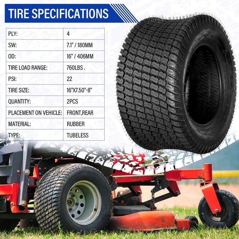 Parts-Diyer 16x7.50-8 Lawn Mower Tires 16x7.50x8 Tractor Turf Tire 16x7.50-8