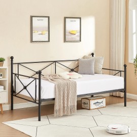 VECELO Classic Metal Daybed Frame Mattress Foundation Bed Sofa with Headboard - Black
