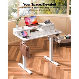 FiCiHi 35x20 Inch Standing Desk with Double Drawers, C-Clamp Mount Compatible, Electric Adjustable Height Computer Stand Up Desks, Home Office Sit Stand Table with 3 Preset Heights & 2 Hooks, White