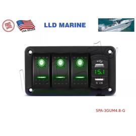 LLD_TK 3 Gang Toggle Rocker Green LED Switch Panel USB 4.8A ATV Boat Marine RV Truck