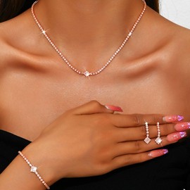 Aukmla Rhinestones Bridal Wedding Jewelry Sets Sparkly Necklace Earrings Bracelet Set Prom Formal Jewelry for Brides and Women (Rose Gold)